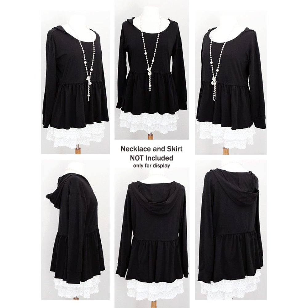 Black Hooded Babydoll Peplum Pullover Cotton Top - Picture 7 of 8